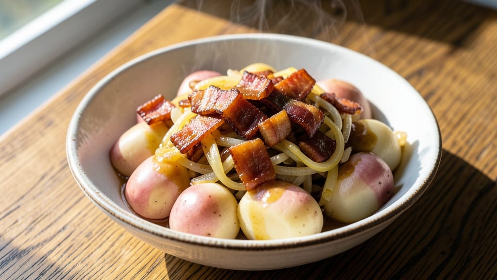 Best Ever German Potato Salad Recipe: Mustard-Vinegar Crunch With Crispy Bacon Bits