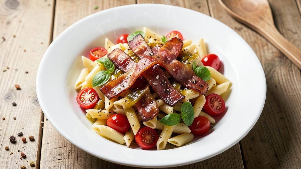 Bacon Tomato Pasta Salad Recipe: Smoky Crispy Bits Over Al Dente Noodles