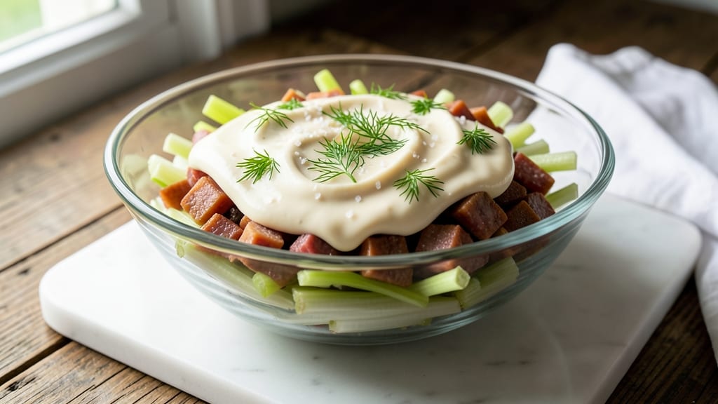 Bologna Salad Recipe for Sandwiches: Crisp Celery Crowns and Creamy Herb Cream Cheese Layers