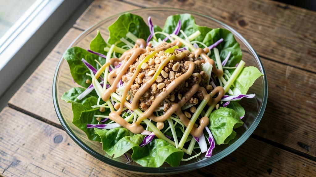 California Pizza Thai Crunch Salad Recipe: Crispy Celery Crowns Over Smoky Peanut Cream Cheese Bliss