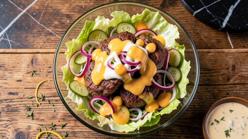 Big Mac Salad Recipe With Thousand Island Dressing: Burgers and Fries in a Bowl