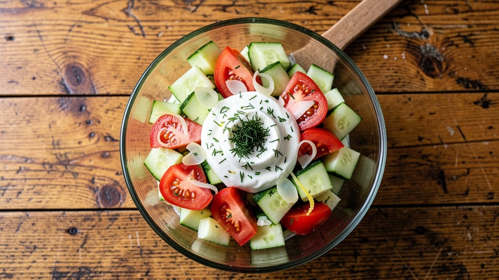 Taziki's Cucumber Tomato Salad Recipe: Zesty Herb Yogurt With Crisp Veggies